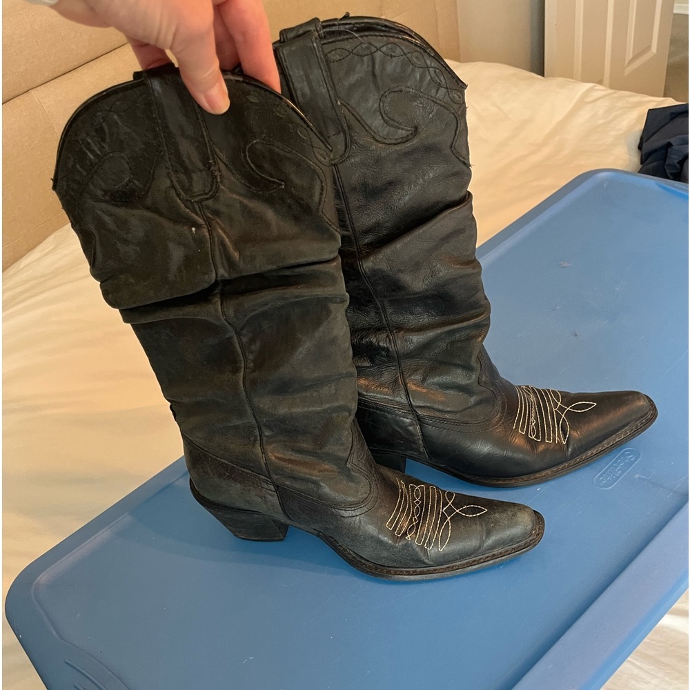 Black leather cowboy boots